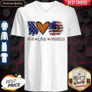 Pug Love Heart Sunflower American Flag Veteran Independence Day V-neck