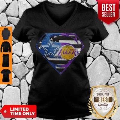 Superhero Dallas Cowboys And Los Angeles Lakers Diamond American Flag Independence Day V-neck