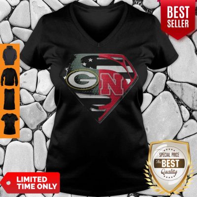 Superhero Green Bay Packers And Nebraska Cornhuskers Diamond American Flag Independence Day V-neck
