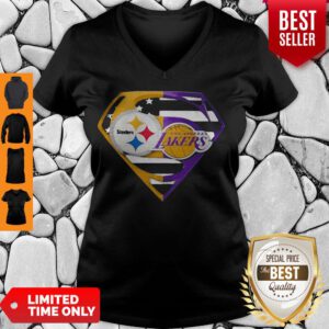 Superhero Pittsburgh Steelers And Los Angeles Lakers Diamond American Flag Independence Day V-neck