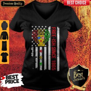 Free-ish Since 1864 Black Melanin American Flag Veteran Independence Day V-neck