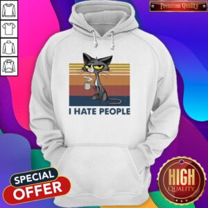 Funny Cat Drinking Coffee I Hate People Vintage Hoodie