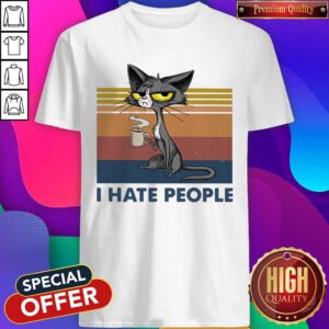 Funny Cat Drinking Coffee I Hate People Vintage Shirt