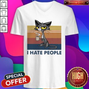 Funny Cat Drinking Coffee I Hate People Vintage V-neck