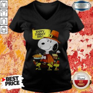 Top Snoopy And Woodstocks Happy Turkey Day V-neck