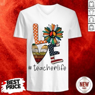 Love Teacherlife Peace Sunflower American Flag V-neck
