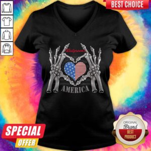 Walgreens Logo America USA Forever Skeleton Skull Bones Hand V-neck