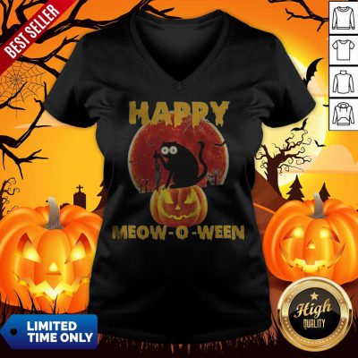 Halloween Black Cat Hold Knife Happy Meow O Ween V-neck