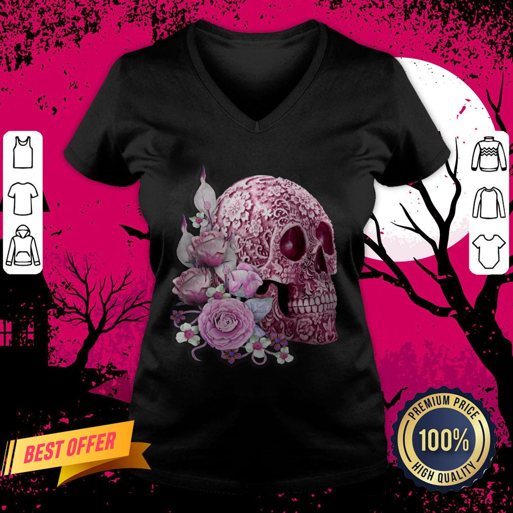 Pink Floral Pink Flowers Sugar Skull Day Of The Dead V Neck