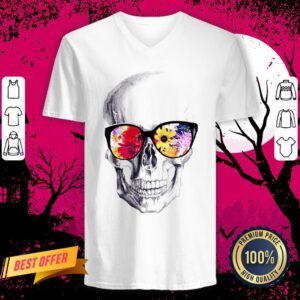 Skull With Floral Glasses Day Of The Dead Dia De Muertos V Neck