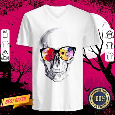Skull With Floral Glasses Day Of The Dead Dia De Muertos V Neck