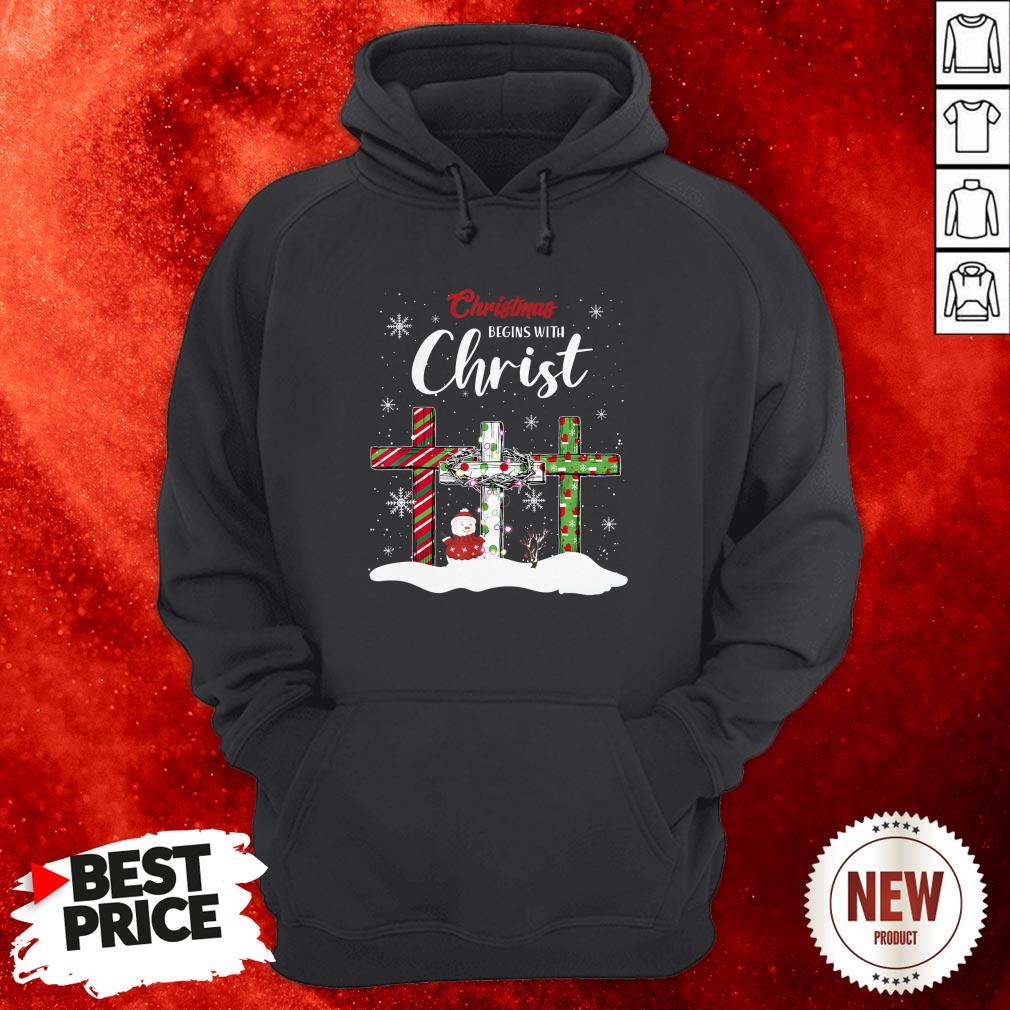 Snowman Cross Christmas Begins With Christ Hoodie