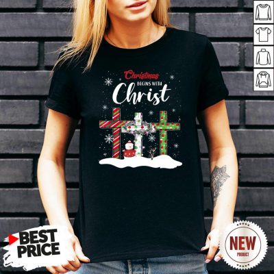 Snowman Cross Christmas Begins With Christ V Neck