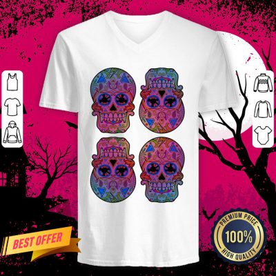 Sugar Skulls Color Dia De Los Muertos Day Of Dead V Neck