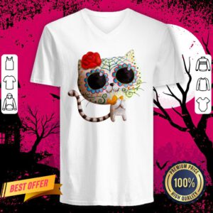 White Cat Of The Dead Dia De Muertos Sugar Skull V Neck