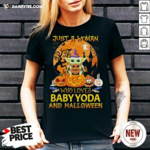 Funny Just A Woman Who Loves Baby Yoda And Halloween V Neck- Design By Daintytee.com