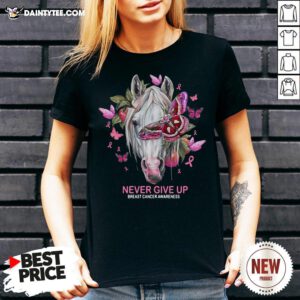 Nice Horse And Butterfly Never Give Up Breast Cancer Awareness V Neck- Design By Daintytee.com
