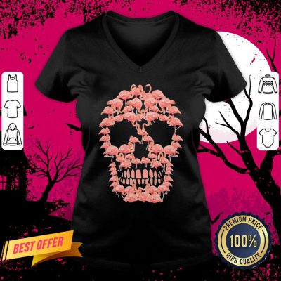 Official Flamingos Sugar Skull Haloween V Neck- Design By Daintytee.com