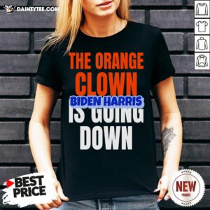 Original The Orange Clown Is Going Dowm – Biden Harris V Neck- Design By Daintytee.com