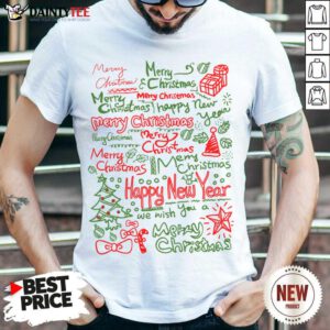 Merry Christmas Happy New Year Text Art Shirt - Design By Fanatictees.com