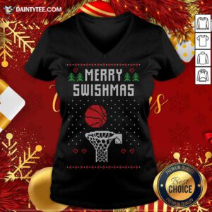 Merry Swishmas Ugly Christmas Sweaters Funny Basketball Player Gift V Neck- Design By Daintytee.com