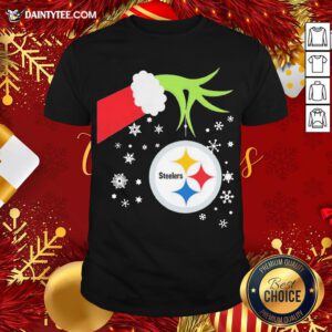 Official The Grinch Hand Holding Ornament Pittsburgh Steelers Christmas Shirt- Design By Daintytee.com