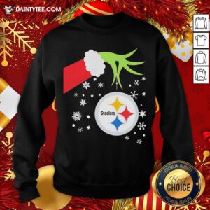 Official The Grinch Hand Holding Ornament Pittsburgh Steelers Christmas Sweatshirt- Design By Daintytee.com
