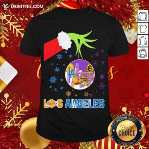 Original The Grinch Hand Holding Ornament Los Angeles Lakers And Los Angeles Dodgers Christmas Shirt- Design By Daintytee.com