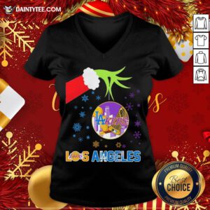Original The Grinch Hand Holding Ornament Los Angeles Lakers And Los Angeles Dodgers Christmas V Neck- Design By Daintytee.com