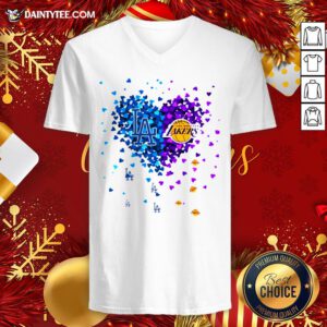 Premium Los Angeles Dodgers And Los Angeles Lakers Heart V Neck- Design By Daintytee.com