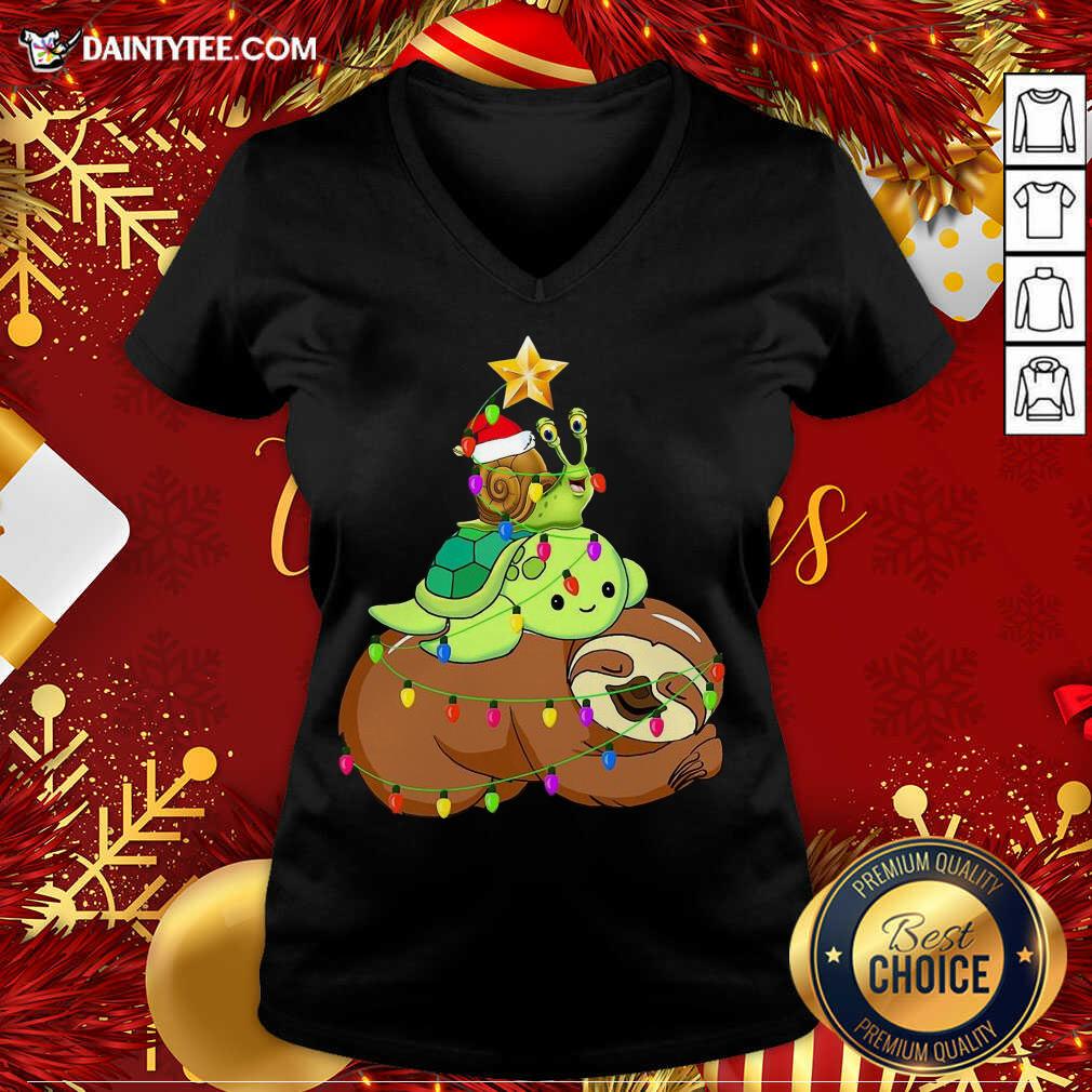 Santa Snail Turtle Sloth Merry Christmas Tree V Neck- Design By Daintytee.com