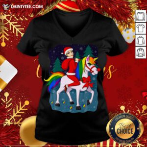 Pretty Women Santa Claus Riding A Unicorn Ugly Christmas V Neck- Design By Daintytee.com