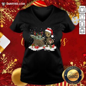 Top Baby Yoda And Santa Groot Merry Christmas Gift V Neck- Design By Daintytee.com