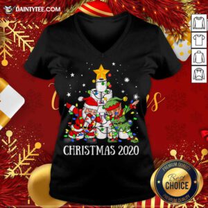 Quarantine Christmas 2020 Dabbing Santa Mask Elf Mask V Neck- Design By Daintytee.com