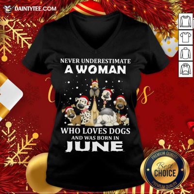 Never Underestimate A Woman Who Loves Dogs And Was Born In June Christmas V-neck- Design By Daintytee.com