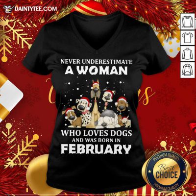 Never Underestimate A Woman Who Loves Dogs And Was Born In February Christmas V-neck- Design By Daintytee.com