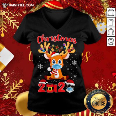 Christmas 2020 Reindeer Mask Matching Pajama Idea V-neck- Design By Daintytee.com