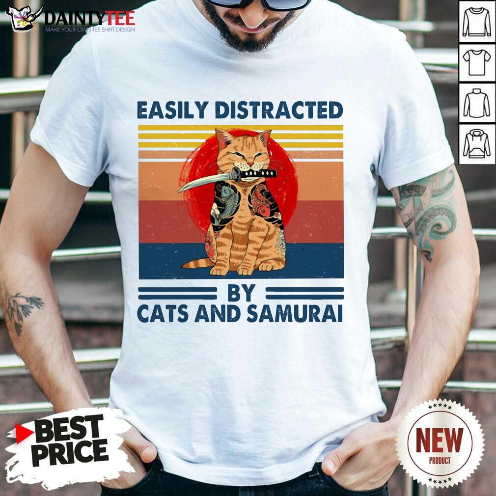 Easily Distracted By Cats And Samurai Vintage Shirt- Design By Daintytee.com