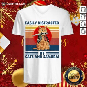 Easily Distracted By Cats And Samurai Vintage V-neck- Design By Daintytee.com