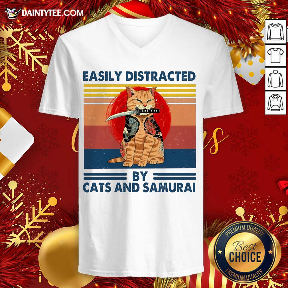 Easily Distracted By Cats And Samurai Vintage V-neck- Design By Daintytee.com