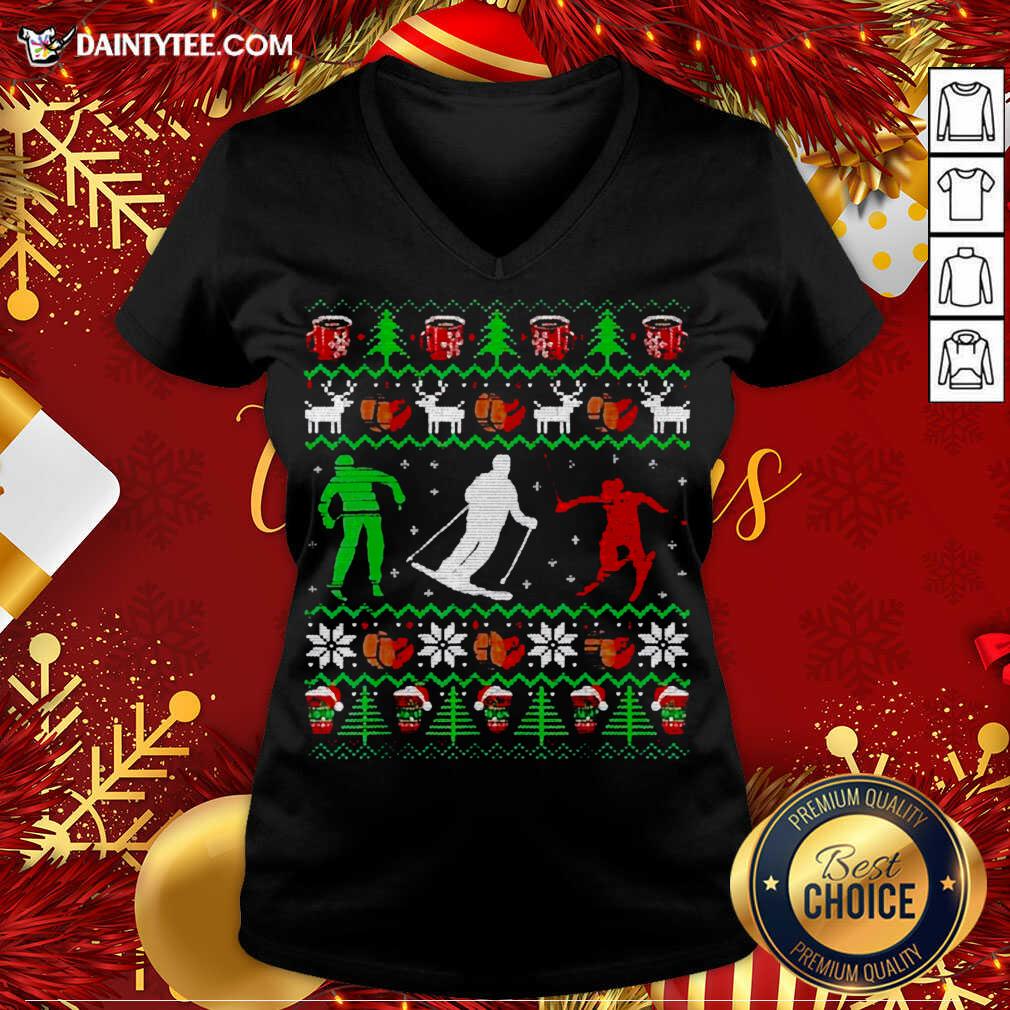 Skiing Coffee Ugly Christmas V-neck- Design By Daintytee.com Skiing Coffee Ugly Christmas V-neck- Design By Daintytee.com
