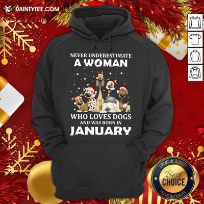 Never Underestimate A Woman Who Loves Dogs And Was Born In January Christmas Hoodie- Design By Daintytee.com