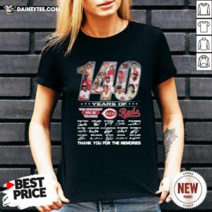 140 Years Of The Greatest Mlb Team Reds Signatures Thanks For The Memories V-neck- Design By Daintytee.com