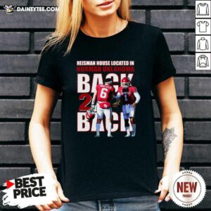 Back And Back Heisman House Located In Norman Oklahoma Mayfield V-neck- Design By Daintytee.com