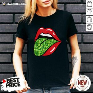 Red Lips Shamrock Tongue St Patrick’s Day Green Saint Pattys V-neck- Design By Daintytee.com