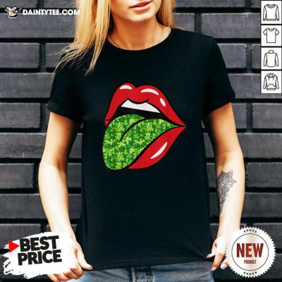 Red Lips Shamrock Tongue St Patrick’s Day Green Saint Pattys V-neck- Design By Daintytee.com