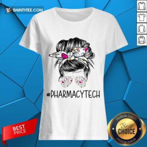Happy Pharmacy Tech Girl Bun Hair Glasses Ladies Tee