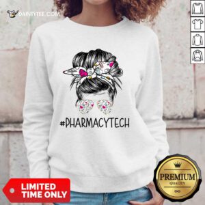 Happy Pharmacy Tech Girl Bun Hair Glasses Sweater
