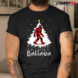 Bigfoot Santa Christmas Funny Quote Believe Red Plaid Shirt