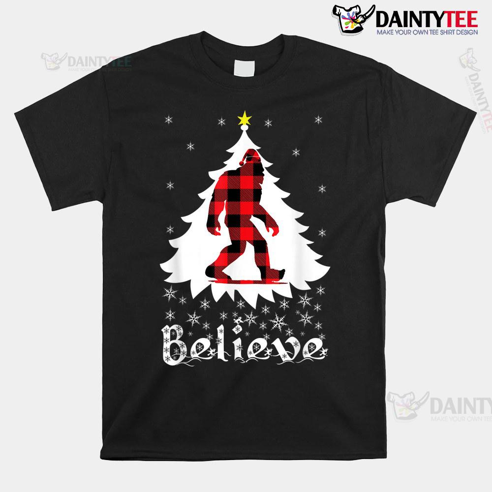 Bigfoot Santa Christmas Funny Quote Believe Red Plaid Shirt
